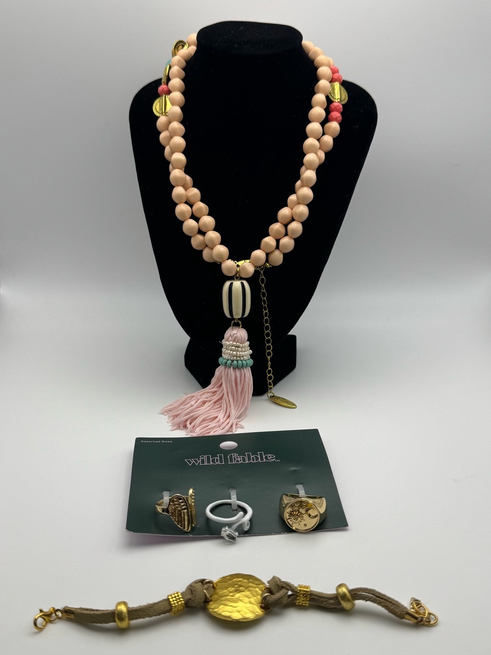 Pink Beaded Tassel Necklace with 3 rings and Gold Accents bracelet set